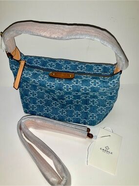 CASSILE New York Light Blue Denim Handbag Tan PU Leather Trim Designer print